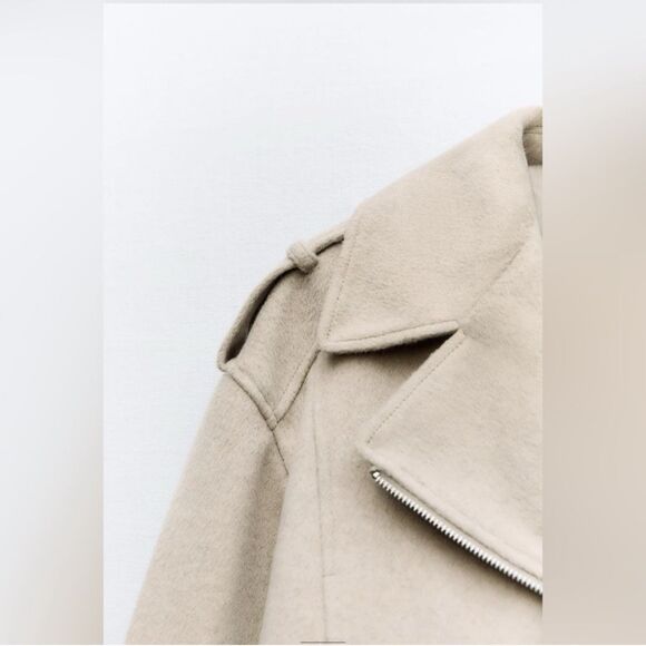 Zara Small S Felt Textured Crop Biker Jacket tan beige Women’s NWT - Picture 3 of 9